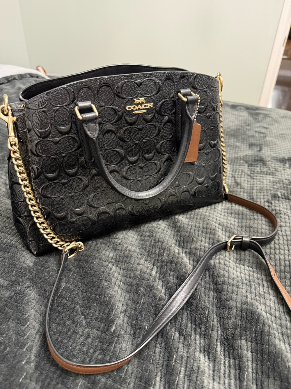 COACH Black Embossed Signature Leather Crossbody Satchel with Gold Hardware
